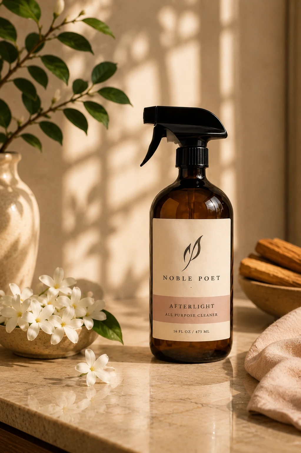 Noble Poet Afterlight All Surface Cleaner in an amber glass bottle