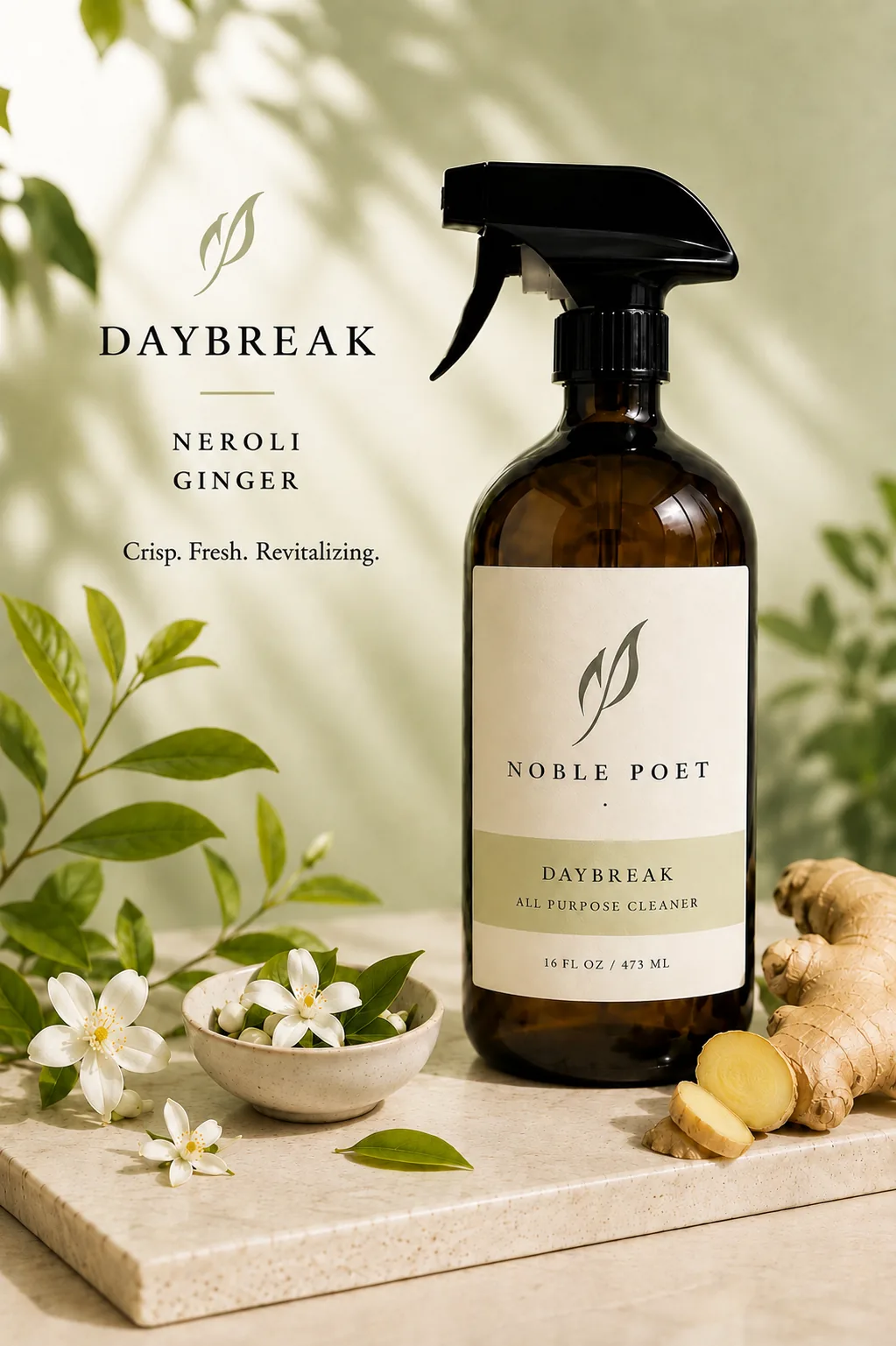 Noble Poet Daybreak All Purpose Cleaner, a Neroli and Ginger limited edition, in an amber glass bottle