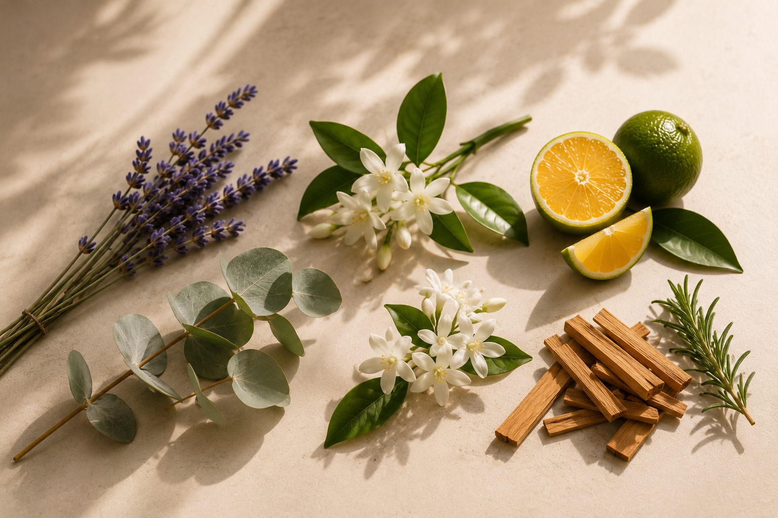 Botanical ingredients arranged in natural light for Noble Poet