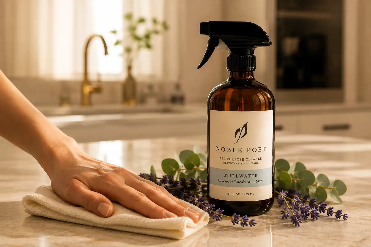 A calm, freshly cleaned living space with Noble Poet cleaning essentials