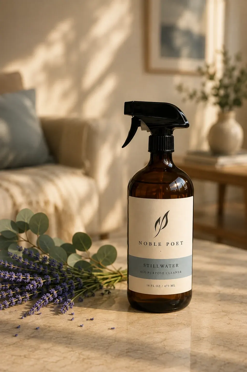 Noble Poet Stillwater All Surface Cleaner in an amber glass bottle
